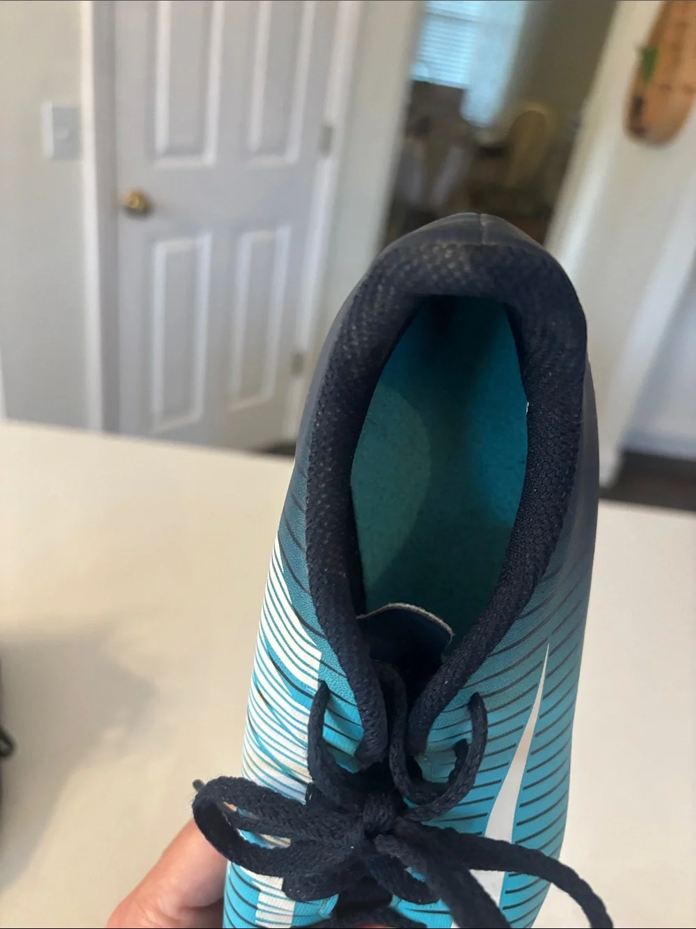 Nike Kids Teal and Navy Striped Soccer Shoes